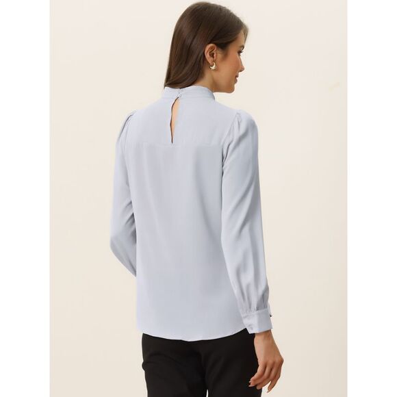 Workwear Tops Shirt Stand Collar Long Sleeve Blouses Grey White - Picture 4 of 5